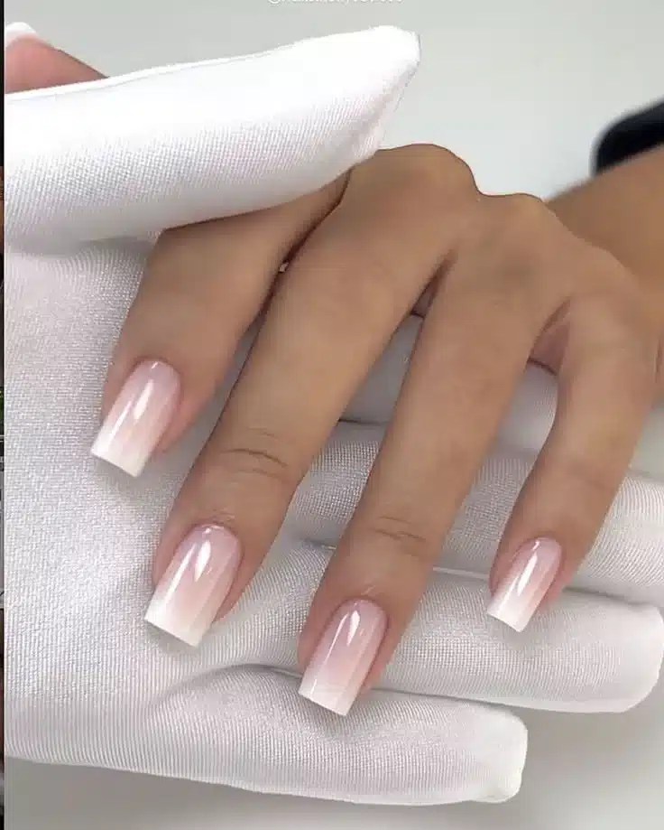 Square-shaped blended French manicure nails with soft ombré effect