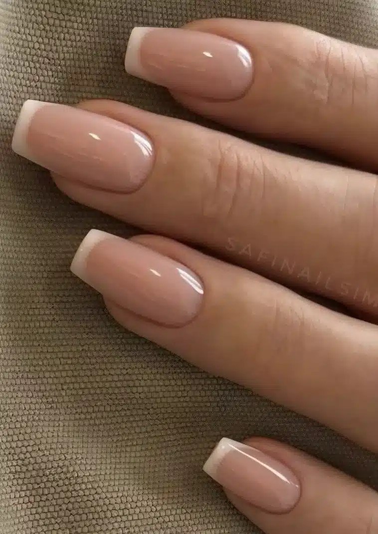 Natural French manicure with square-shaped nail tips