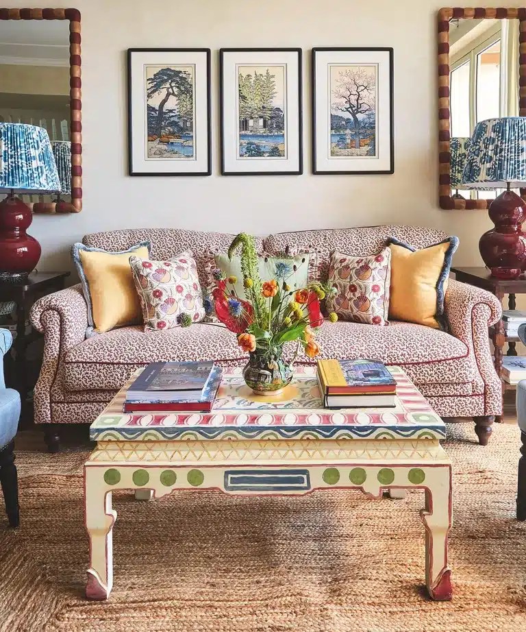 A colorful living room featuring a patterned sofa, a painted coffee table, framed artwork, textured rugs and layered decor that creates an eclectic contemporary interior.