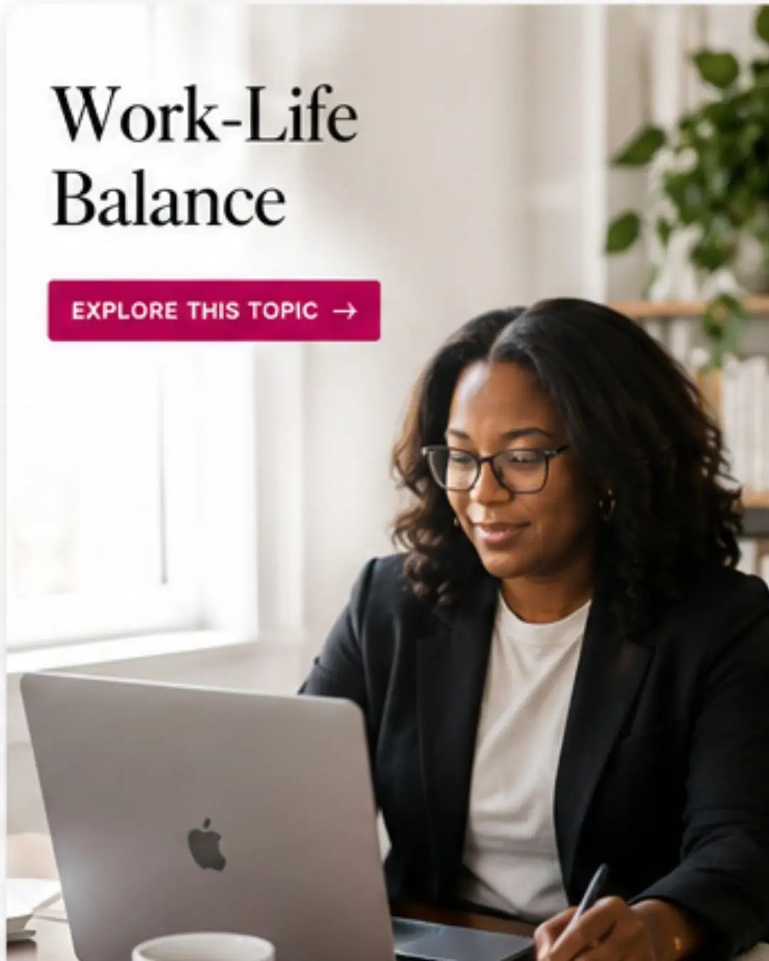 Woman working from home on a laptop, representing work-life balance, productivity and professional lifestyle.