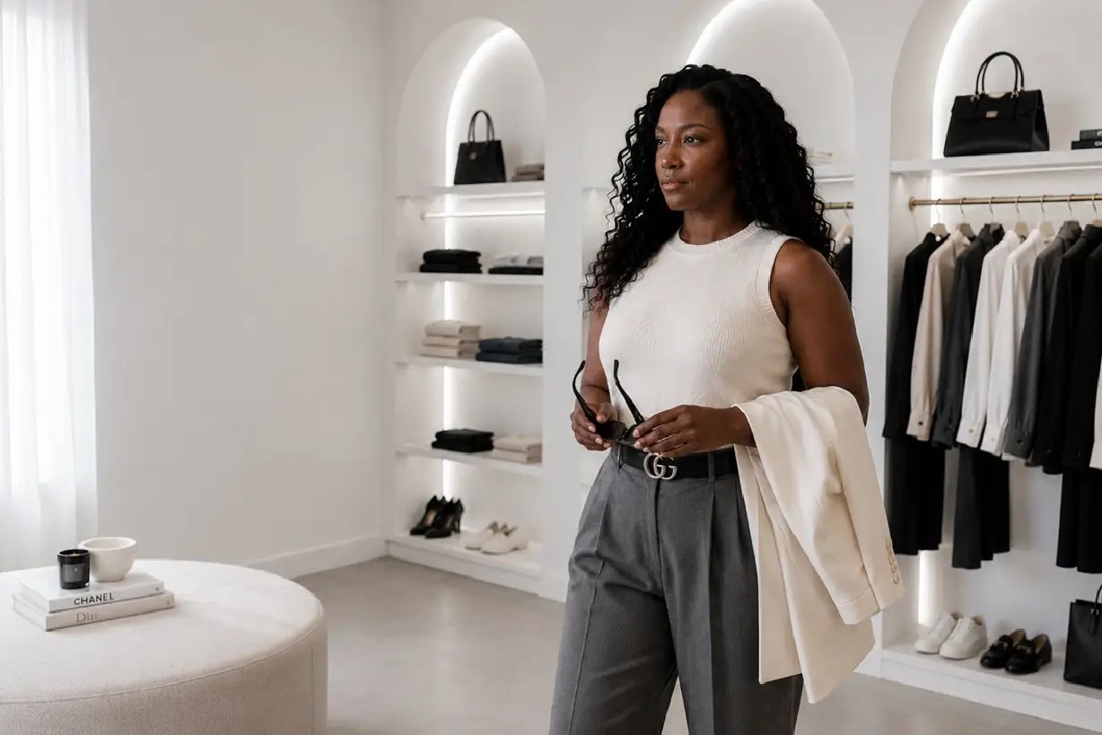 Woman styling a capsule wardrobe in a modern dressing room, wearing tailored grey trousers, a cream knit top and a black leather belt with timeless wardrobe essentials displayed behind her.