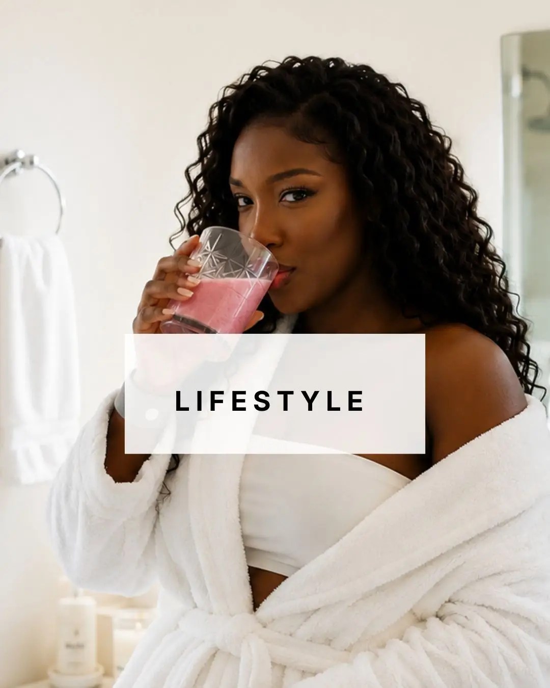 Wots Her Name Again lifestyle featuring a Black woman enjoying a wellness drink as part of an at-home self-care routine.