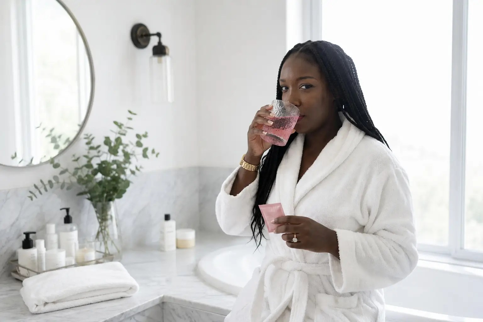 Woman in a white robe drinking water in a bright bathroom as part of a healthy skincare routine and daily self-care ritual.