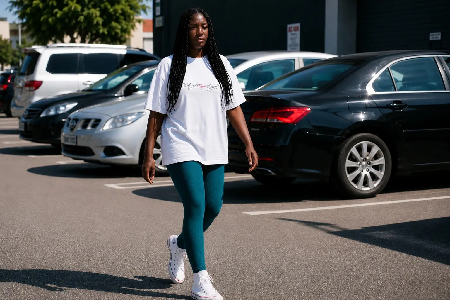 Black British lifestyle blogger walking confidently outdoors wearing a white Wot's Her Name Again? logo T-shirt, teal leggings and white Converse trainers, demonstrating effortless personal style through comfortable everyday fashion.