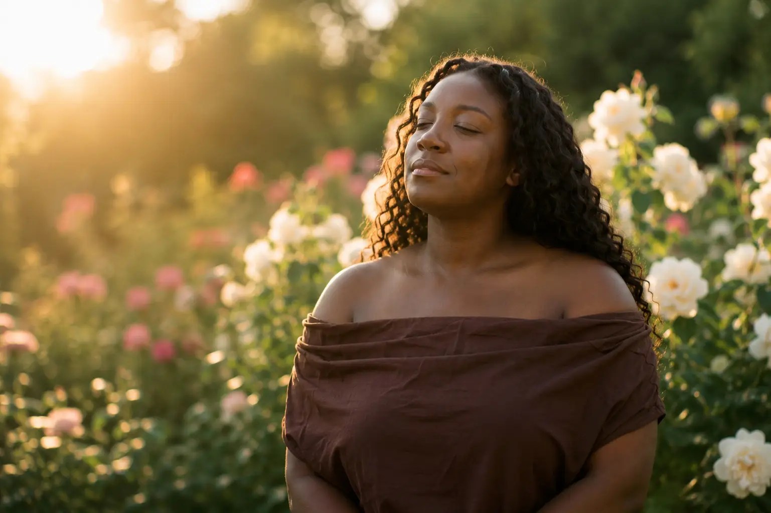 Woman standing peacefully in a sunlit garden with her eyes closed, representing Self-Care & Wellness, mindfulness and emotional wellbeing.