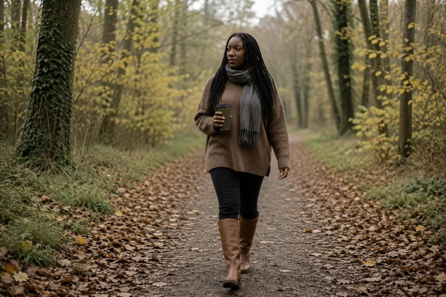 Woman taking a peaceful walk through an autumn woodland, showing how Self-Care & Wellness can fit naturally around everyday life.