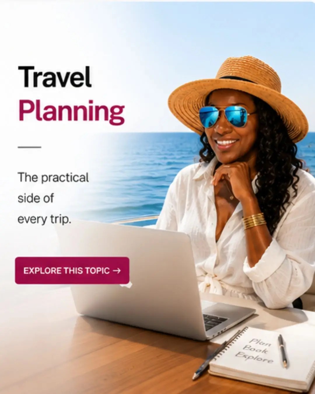 Lee-Anne Weise of Wots Her Name Again? planning a luxury holiday on a laptop while enjoying ocean views, showcasing practical travel planning inspiration.