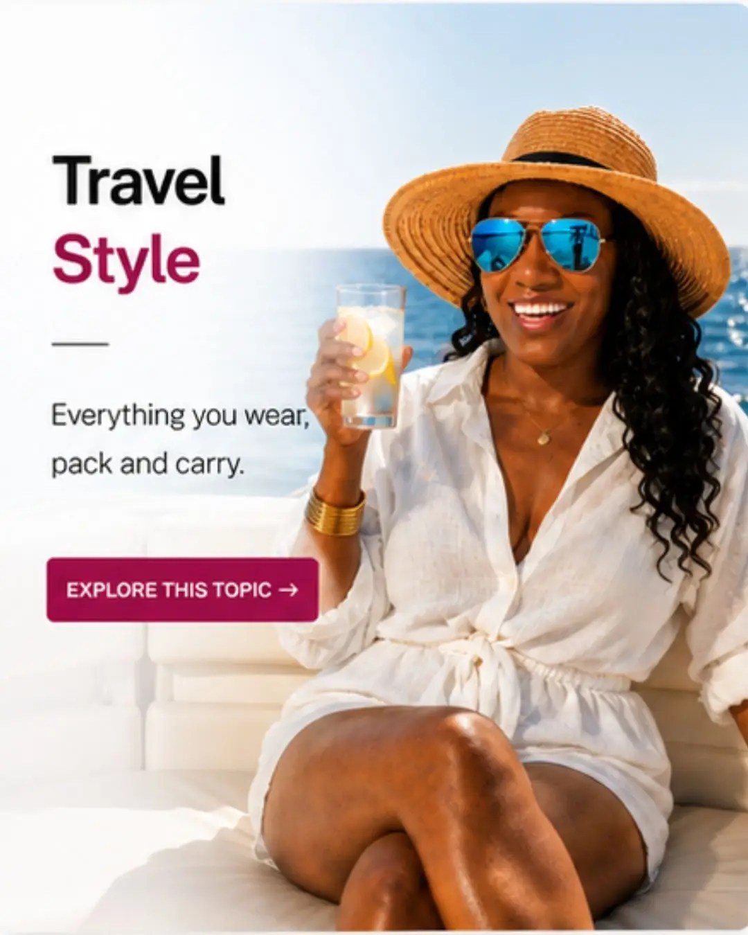 Lee-Anne Weise of Wots Her Name Again? enjoying a luxury travel experience on a yacht, wearing a white linen playsuit, straw hat and sunglasses, showcasing elegant travel style inspiration.