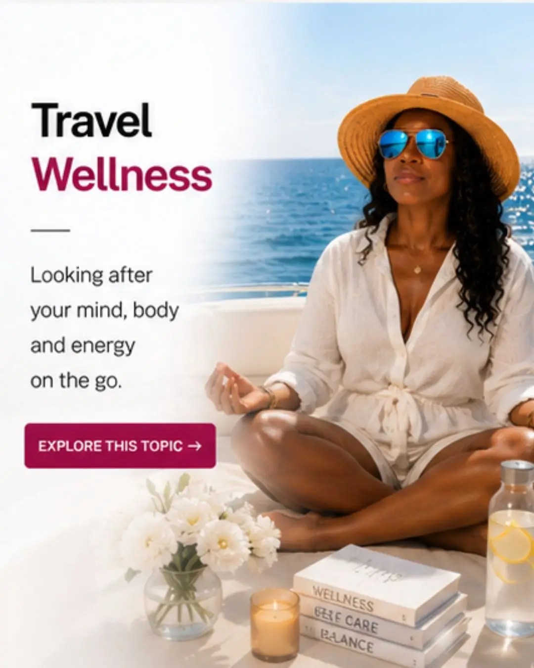 Lee-Anne Weise of Wots Her Name Again? practising mindfulness and travel wellness on a yacht, enjoying a moment of calm while travelling.