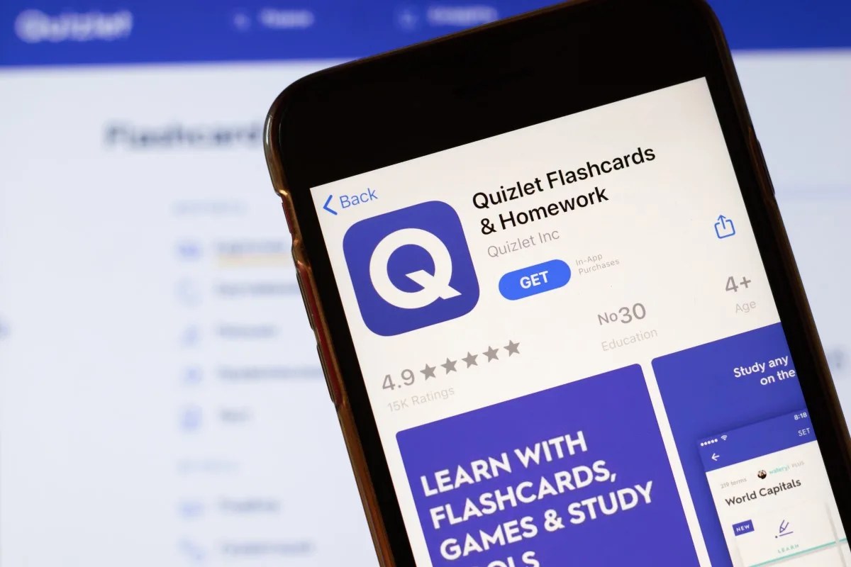 Los Angeles, California, USA - 24 March 2020: Quizlet Flashcards and Homework app logo on phone screen close up with website on background with icon, Illustrative Editorial.