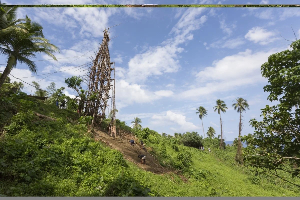 Pentecost, Vanuatu July 17, 2014, Traditional land diving ritual (Nangol) with vines tied to their feet, origin of modern Bungee Jumping, EDITORIAL
