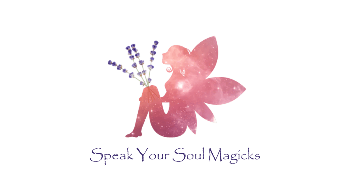 Speak Your Soul Magicks vertical logo with a seated fairy holding lavender sprigs