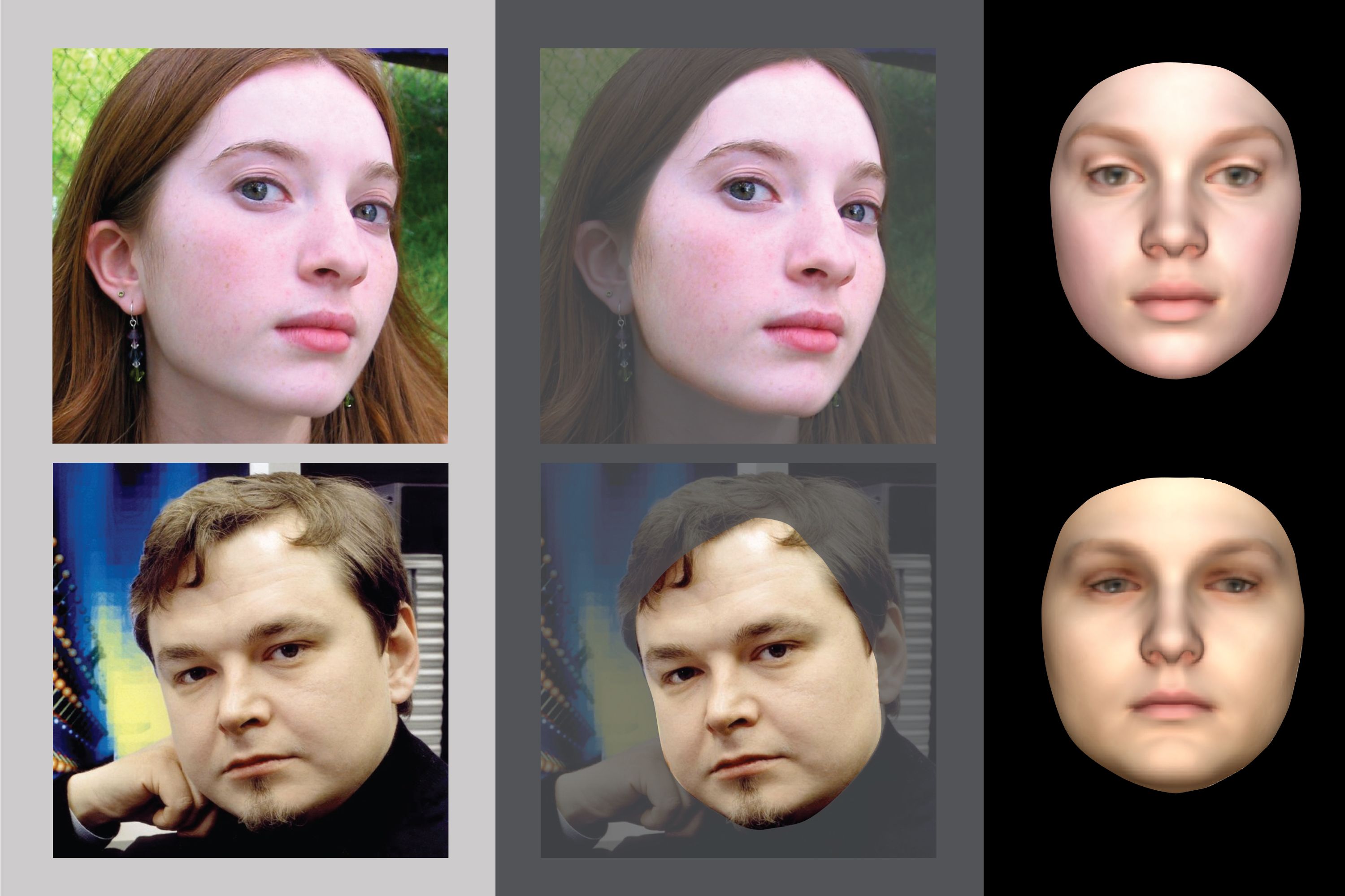 Portrait photographs beside three-dimensional face reconstructions
