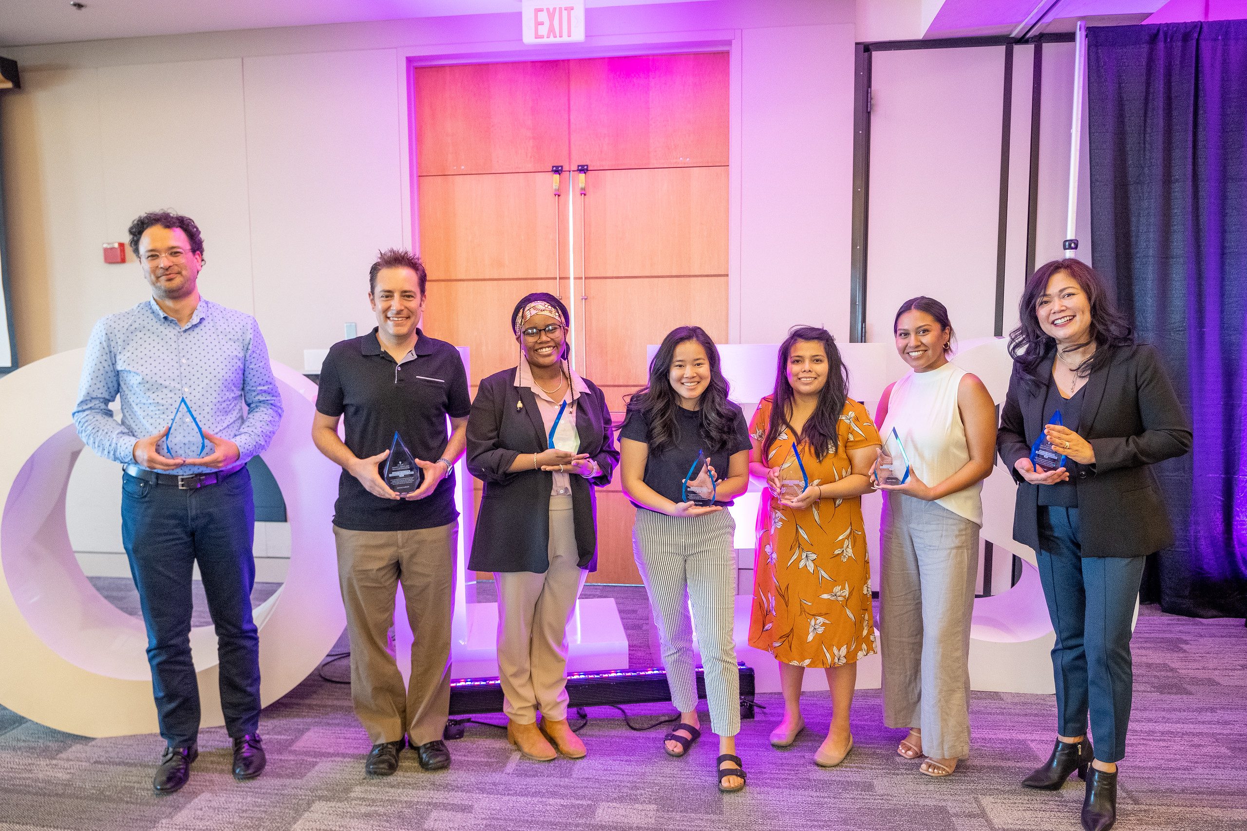 The Equity and Inclusion Leadership and Service Award recipients include (from left) Associate Professor of English Jon Naito, Associate Professor of Psychology Jeremy Loebach, Mariam Prater ’23, Anja Dulin ’23, Assistant Director of Academic Support Nayeli Trujillo, Andrea Diaz ’22, and Director of Enrollment Operations Marie New.