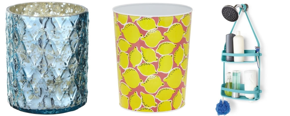 Blue diamond texture tea light holder by Debenhams | Lemon pattern waste paper bin by Homesense | Umbra Flex Shower Caddy by Red Candy