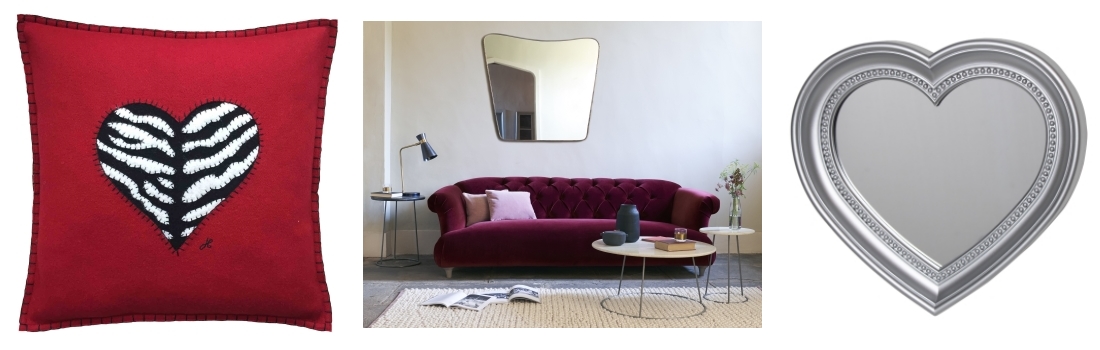Zebra Heart Cushion by Jan Constantine | Dixie Sofa by Loaf | Silver Heart Wall Mirror by Melody Maison