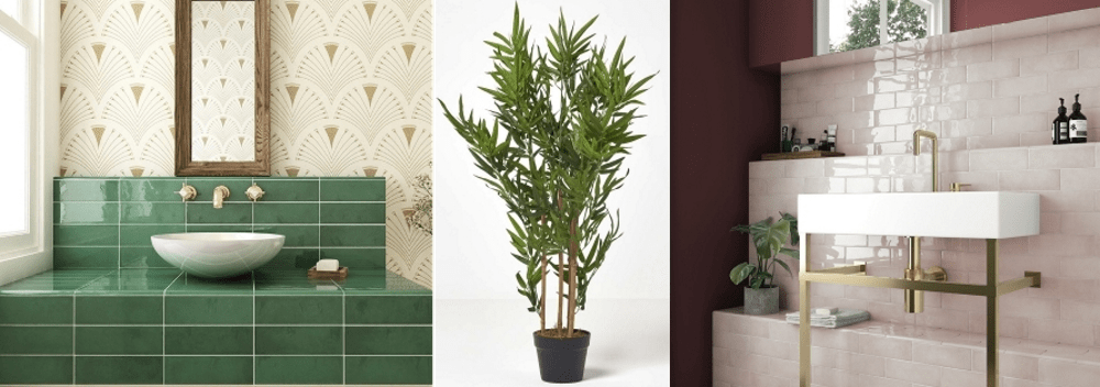 Village Emerald Green Wall Tiles by Tile Mountain | Artificial 5ft Bamboo plant from Homescapesonline | Village Rose Gold Wall Tiles by Tile Mountain