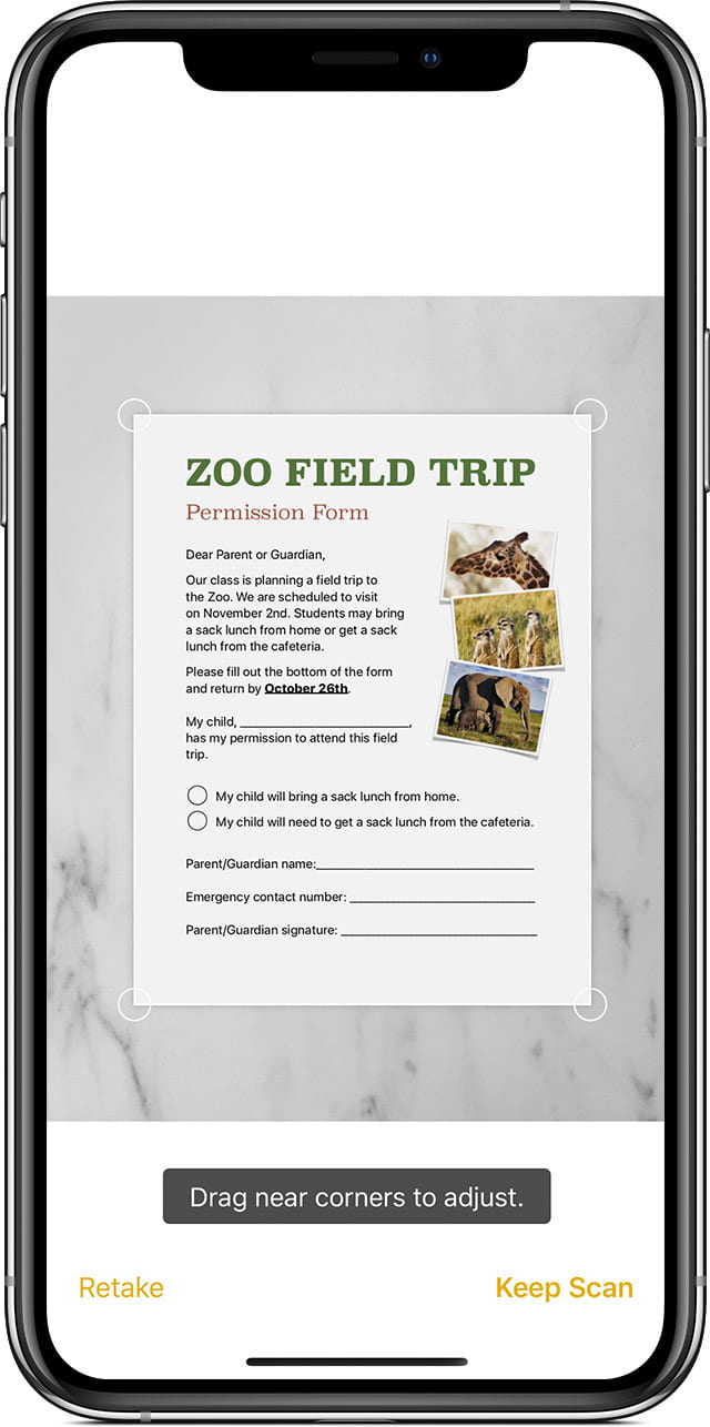 Apple notes Scan Document feature