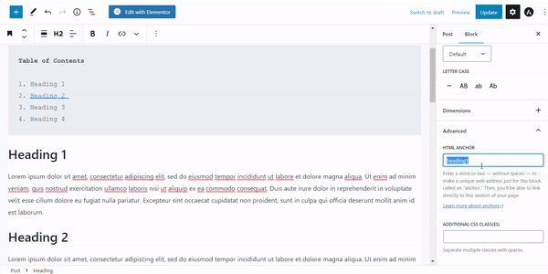 internal links for table of contents