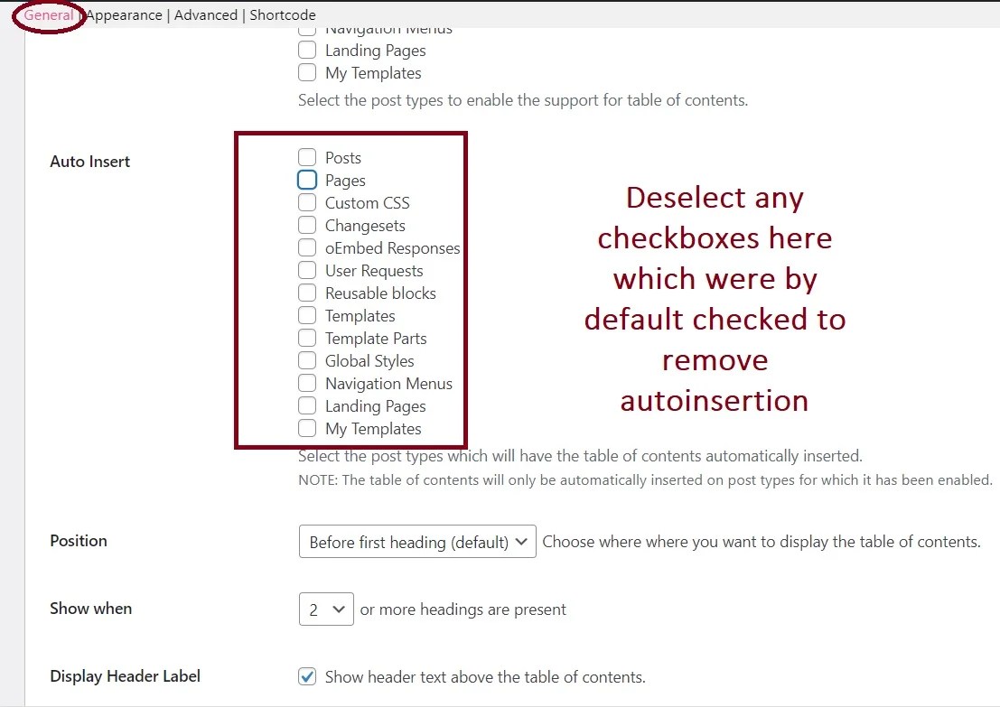 disable auto insert in table of content