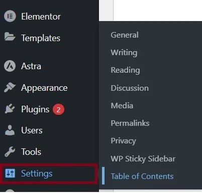 settings toc