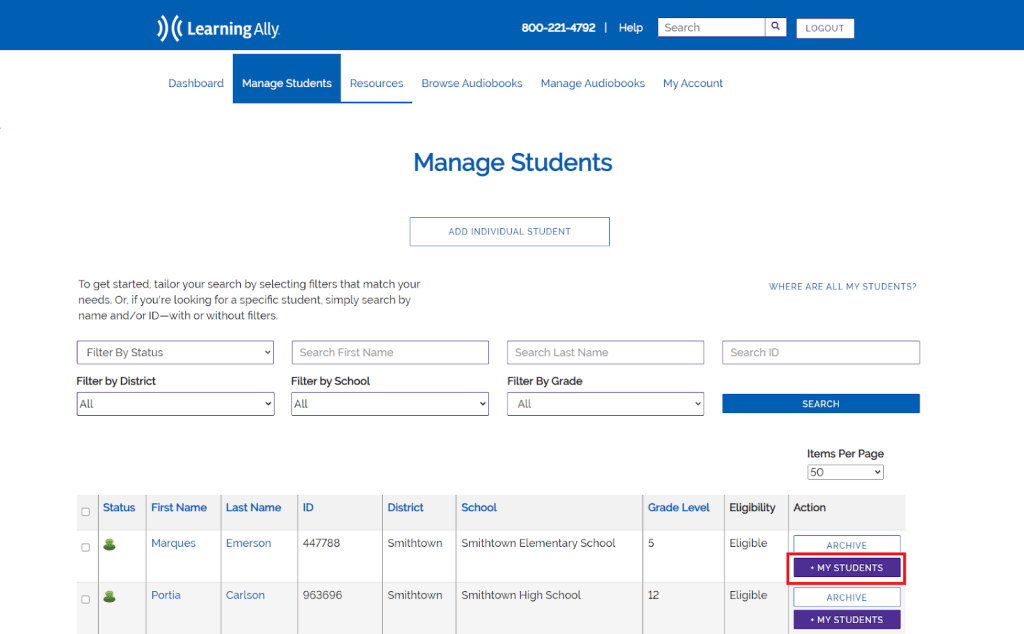A student row in the Manage Students results, with the purple "+ My Students" button highlighted in the Action column.