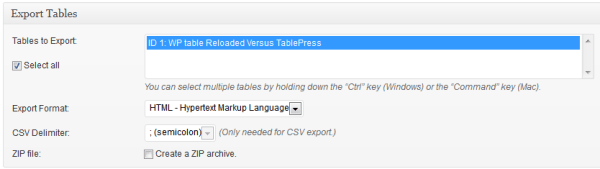 Export Tables HTML Code