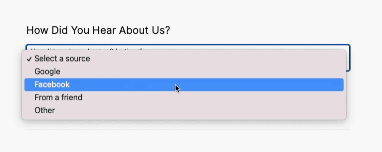 Dropdown menu for selecting how the customer heard about the business, with options including Google, Facebook, and Other.