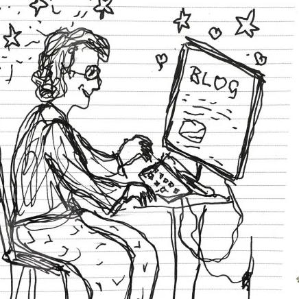Cartoon of happy older woman typing at computer. On screen, the word BLOG.