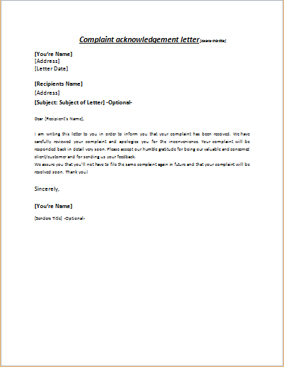 Complaint Acknowledgement Letter Writeletter2 Com