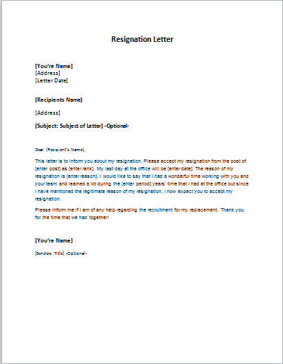 Resignation Letter Sample Templates Writeletter2 Com