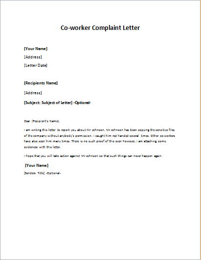 Complaint Letter About Co Worker Or Colleague Writeletter2 Com
