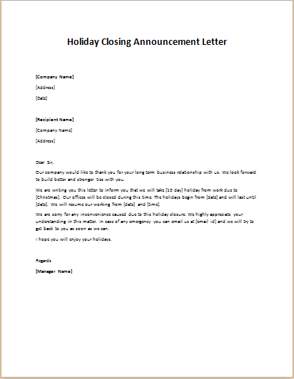 Holiday Closing Announcement Letter Writeletter2 Com