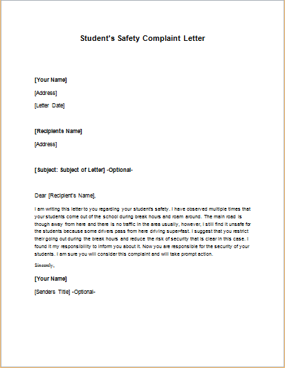 Student S Safety Complaint Letter Writeletter2 Com