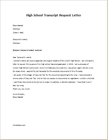 High School Transcript Request Letter Writeletter2 Com
