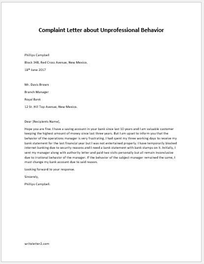 Complaint Letter About Unprofessional Behavior Writeletter2 Com