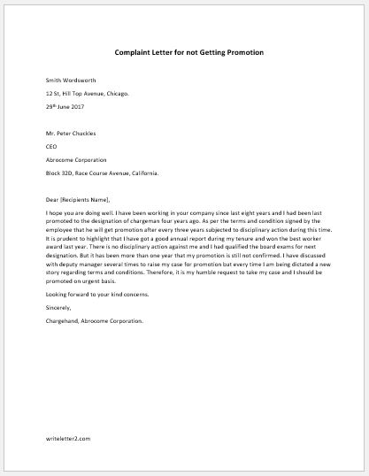 Complaint Letter For Not Getting Promotion Writeletter2 Com