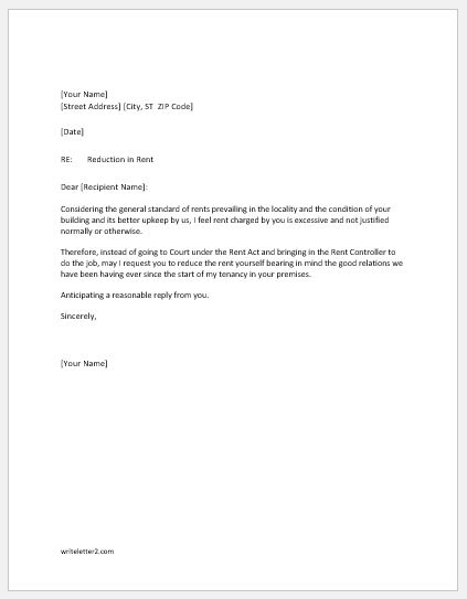 Rent Reduction Request Letters With Positive Negative Replies Writeletter2 Com