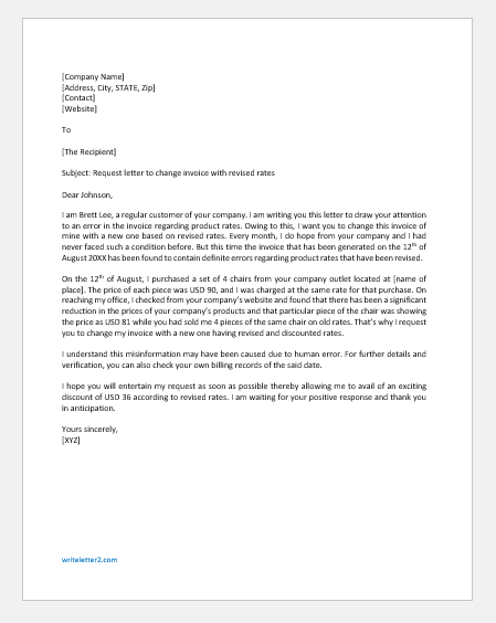 Request Letter To Change Invoice With Revised Rates Writeletter2 Com