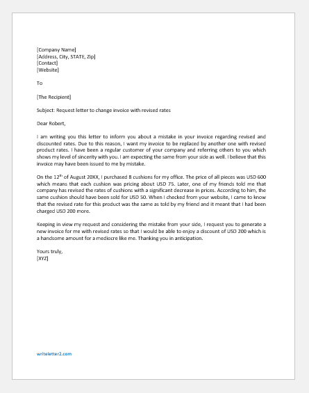 Request Letter To Change Invoice With Revised Rates Writeletter2 Com