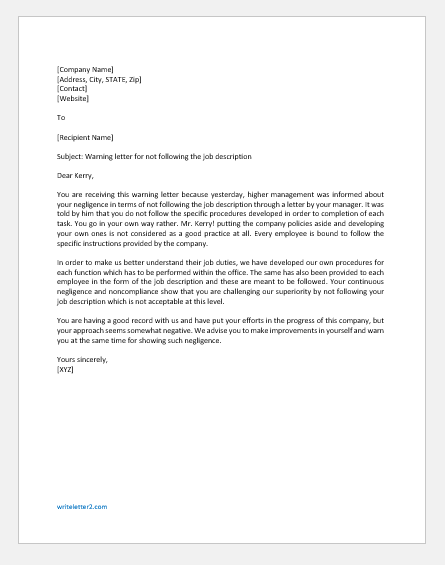 Warning Letter For Not Following Job Description Writeletter2 Com