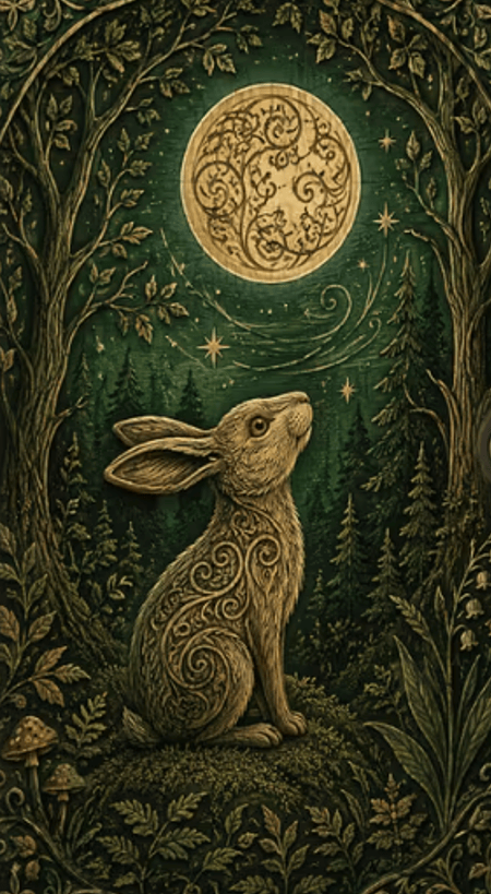 A detailed illustration of a rabbit sitting among trees and plants, gazing at a large, ornate moon in a starlit night sky.