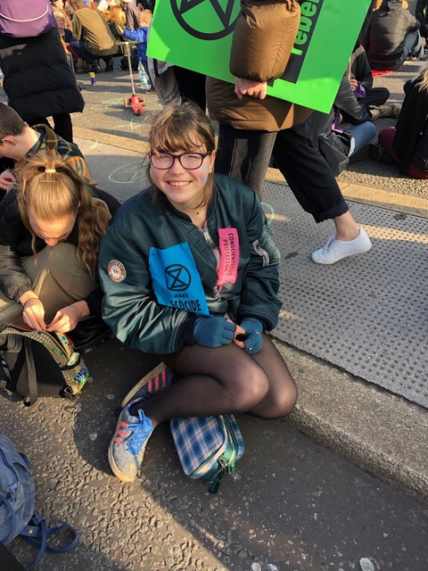Blue Sandford at an Extinction Rebellion demonstration.