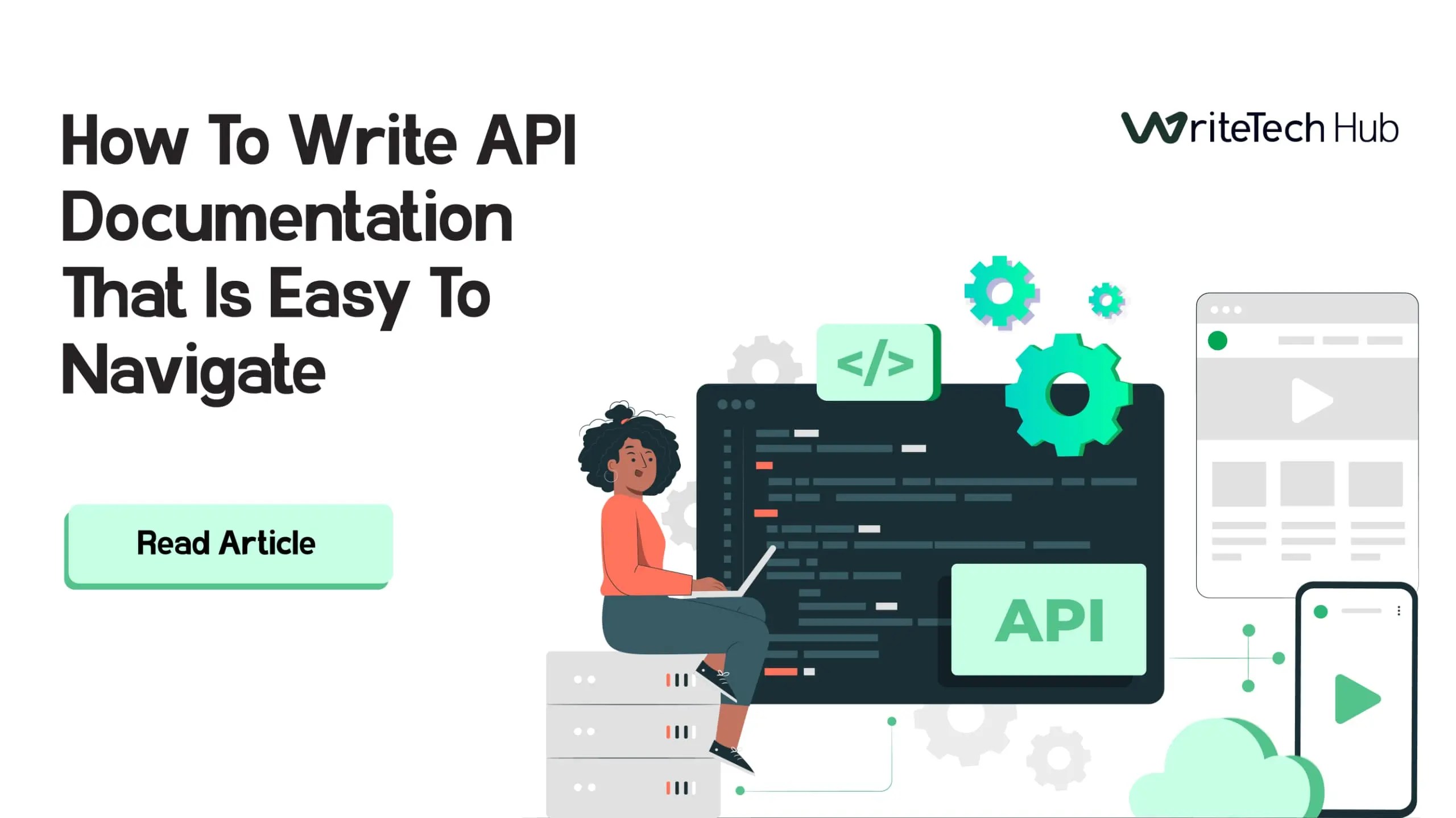 Illustration of a woman working on API documentation with coding and interface elements around her.