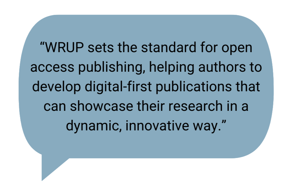 A speech bubble with a quote about White Rose University press