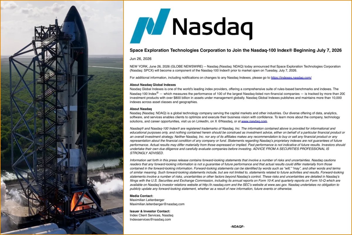 SpaceX 7 月 7 日正式加入納斯達克 100，IPO 後兩週破紀錄入選