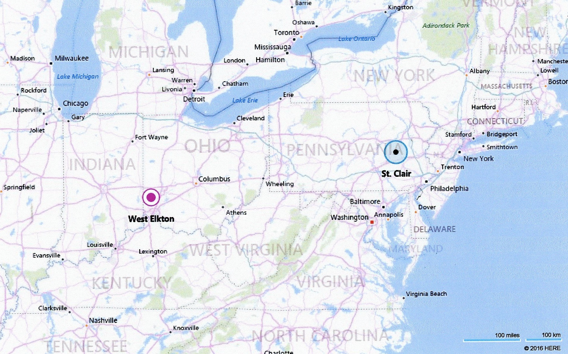 550 miles from West Elkton, OH to St. Clair, PA