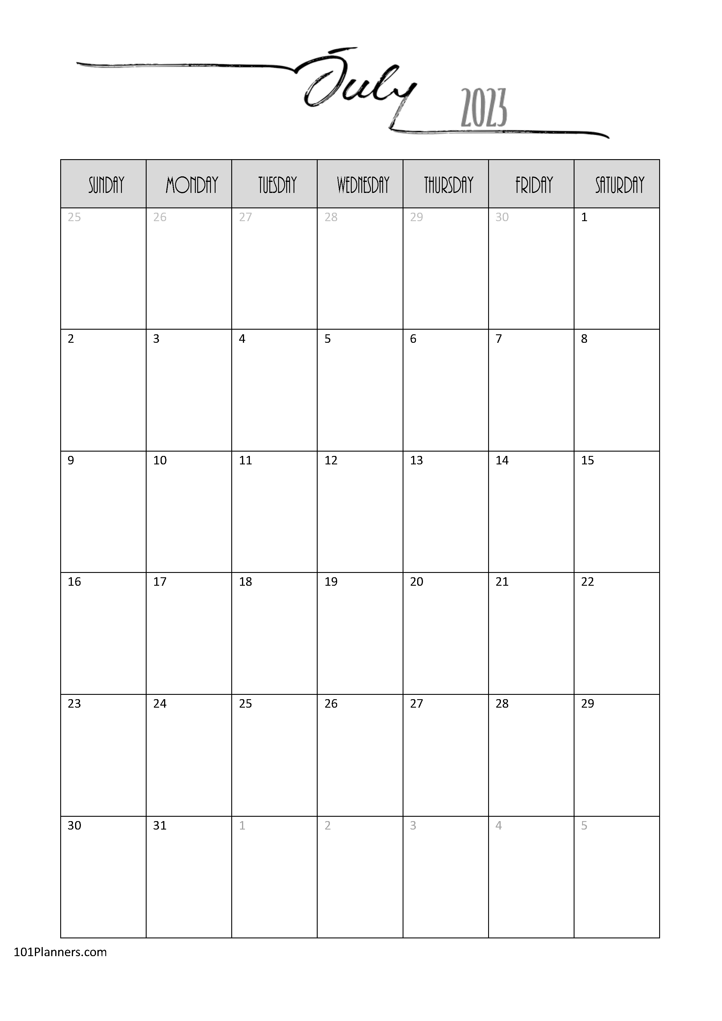 Monthly Calendar Template July 2023 Calendar