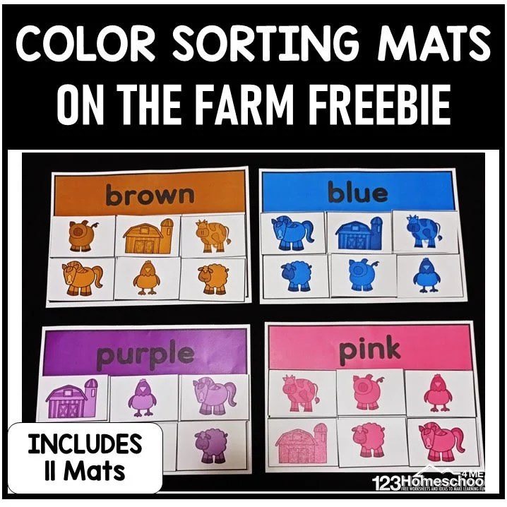 free printable on the farm color sorting mats activity for preschool