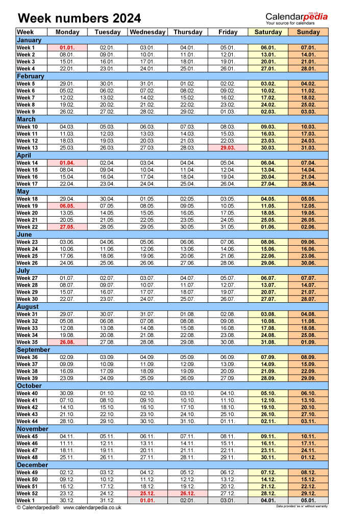 2024 Week Number Calendar